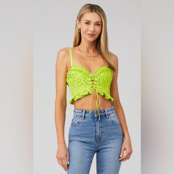 For Love & Lemons Corset Embroidered Eyelet Crop Top  Neon Green Size Large - Picture 1 of 12